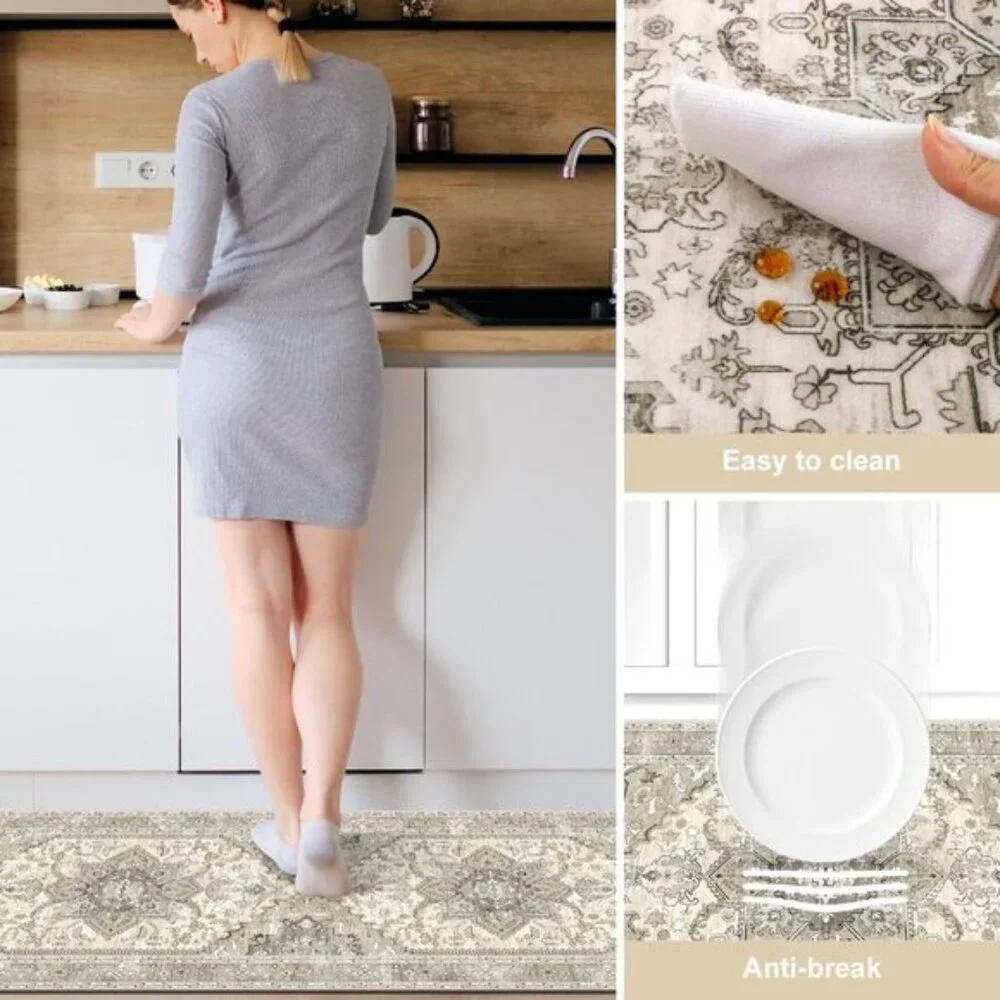 New 3-Piece Kitchen Rug Set, Washable Non-Slip Mats with Rubber Back, Beige/Grey